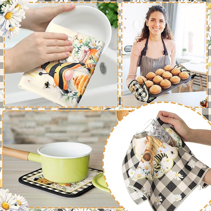 Fourluoo 10 Pcs Bee Kitchen Decor Set 4 Kitchen Towels 2 Pot Holders 2 Oven Mitts 2 Rugs Daisy Decorations for Cooking Baking Mom Housewarming Gifts