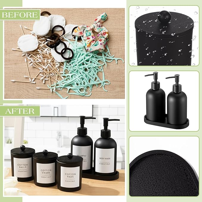 Yaomiao 5 Pack Black Frosted Glass Bathroom Accessories Set Kitchen Modern Liquid Soap Dispenser Set with Pump and Wood Tray Toothbrush Holder Cotton Swab Jars with Lids for Sink Countertop Home Decor