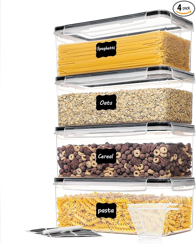Vtopmart Airtight Food Storage Containers with Lids 4PCS Set 3.2L, Plastic Spaghetti Canisters for Pasta organizer, BPA Free Air Tight Kitchen Pantry Organization