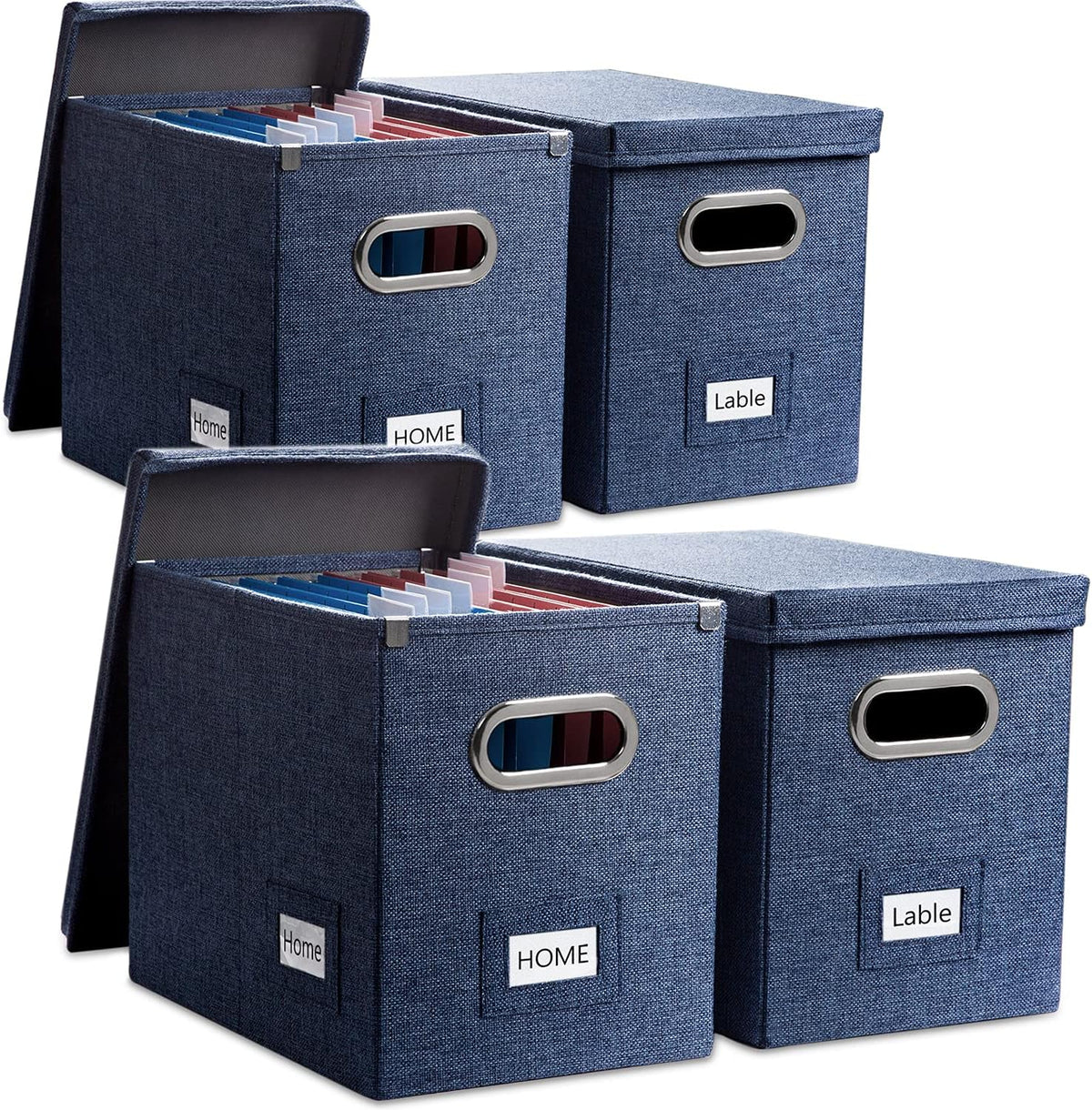 PRANDOM File Organizer Box - Set of 4 Collapsible Decorative Linen Filing Storage Hanging File Folders with Lids Office Cabinet Letter Size Navy Blue (14x9.3x10.8 inch)