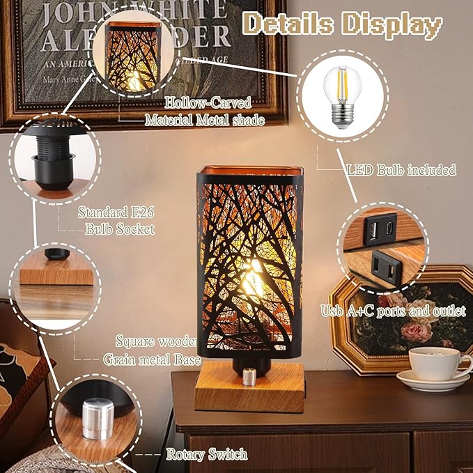 Industrial Table Lamp with USB Ports and Outlet, Rustic Dimmable Bedside lamp with Charging Station, Metal Square Shadow Nightstand Lamp, Night Light for Kids Bedroom Living Room End Tables
