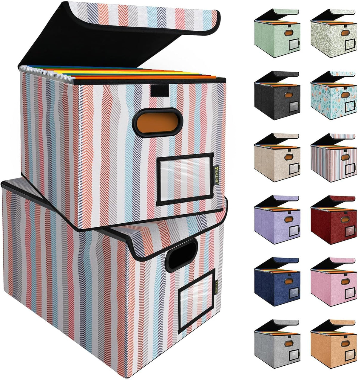 BALEINE File Organizer Box with Lid, Collapsible File Folder Organizer with Plastic Slide, Hanging File Folder Box for Office Document Storage (2 Pack, Color Stripe)