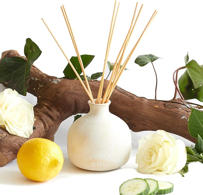Blueme Renew Diffuser | Ivy & Rose | 5.92 Fl Oz - Refillable Wellness Diffuser, Contains Essential Oil, Sustainable, Hand Finished, Premium, Luxury Ceramic, Natural Rattan Reeds, | Small
