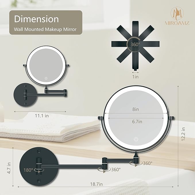 Rechargeable Wall Mounted Lighted Makeup Vanity Mirror 8 Inch Double Sided 1X 10X Magnifying Bathroom Mirror, 3 Color Lighting, Touch Screen Dimming, 360 Rotation Shaving Matte Black