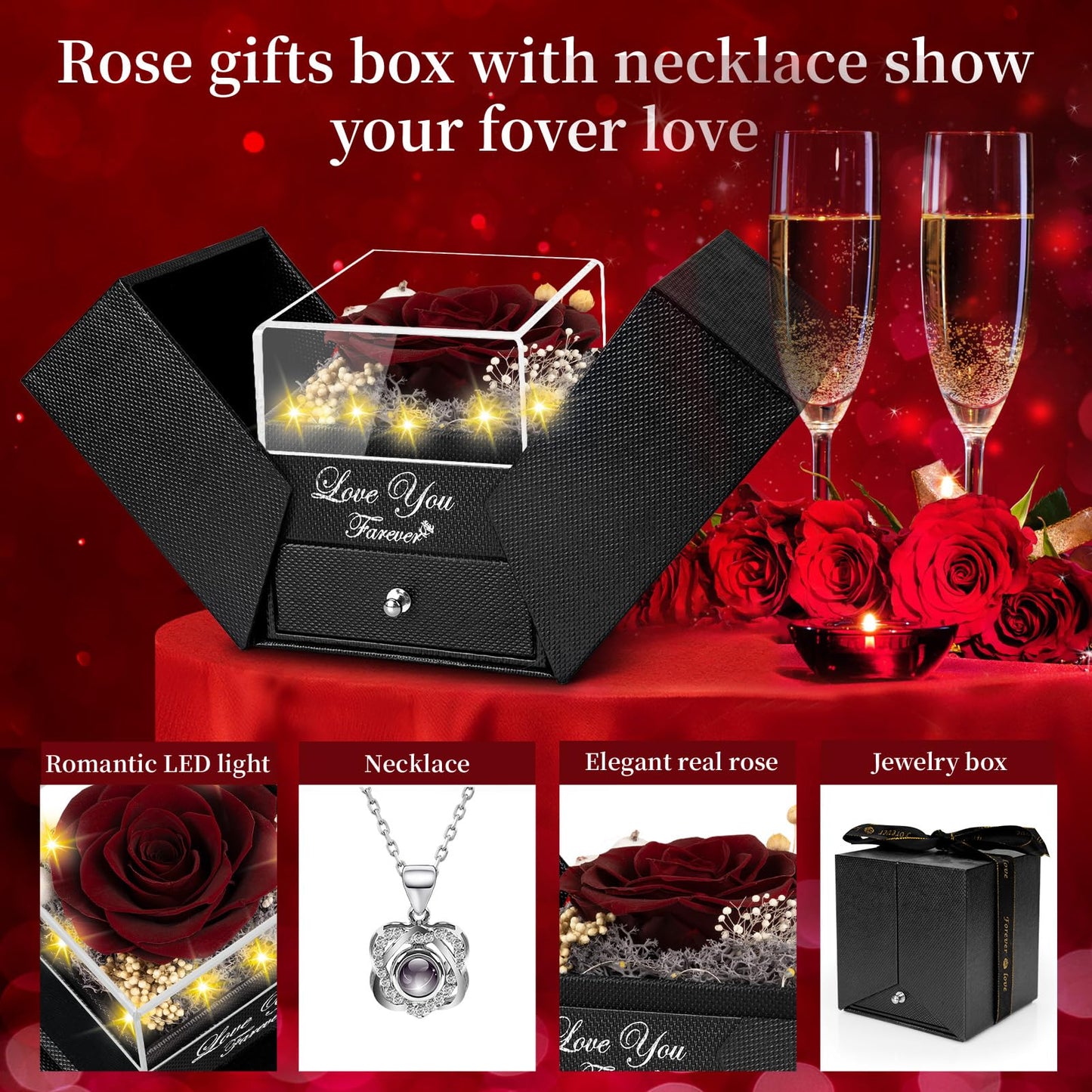 Preserved Wine Red Real Rose with Heart I Love You Necklace -Eternal Flowers Rose Birthday Gifts for Women Her Mom Wife Girlfriend Grandma on Valentines Mothers Day Christmas Anniversary Romantic