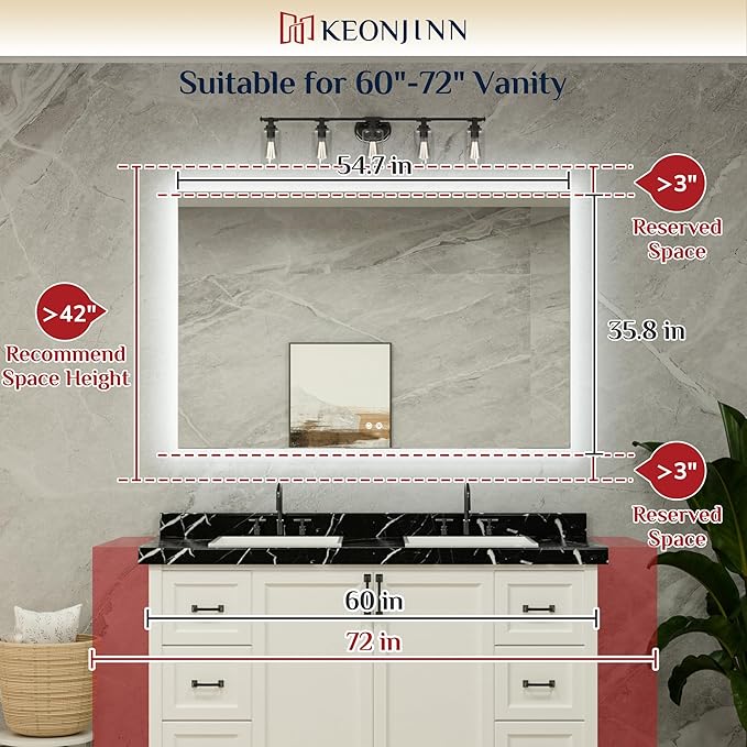 Keonjinn 55 x 36 Inch LED Bathroom Mirror with Backlit, Anti-Fog Vanity Mirror, CRI90+ HD Tempered Glass, Stepless Dimmable, High Lumen, UL Listed, IP44 Waterproof, Horizontal/Vertical