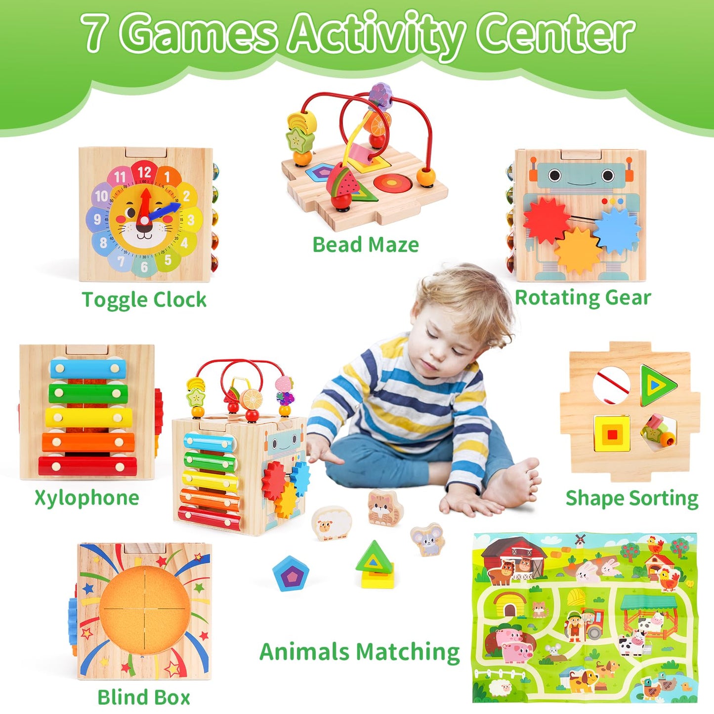 Toddler Wooden Activity Cube Toys, Montessori Toys for 1 2 3 Year Old Boy Girl, Educational Learning Toy for Toddlers 1-3 2-4 Years, Sensory Infant First 1st 2nd one two Christmas Birthday Gifts