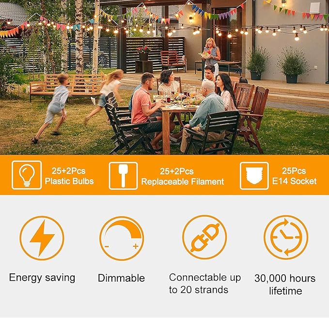 ZOTOYI Outdoor String Lights 50FT, Patio Lights with 27 LED Plastic ST38 Edison Bulbs(2 Spare), Waterproof IP65 Outside Hanging for Backyard, Garden, Cafe, Gazebo, PorchDimmable 2700K
