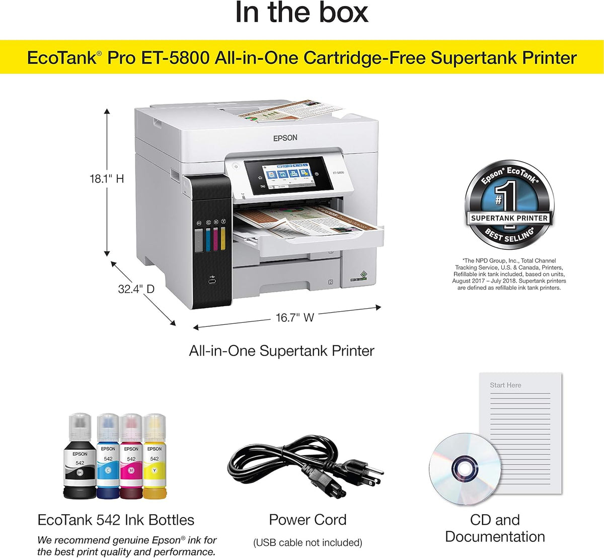 Epson EcoTank Pro ET-5800 Wireless Color All-in-One Supertank Printer with Scanner, Copier, Fax and Ethernet, White