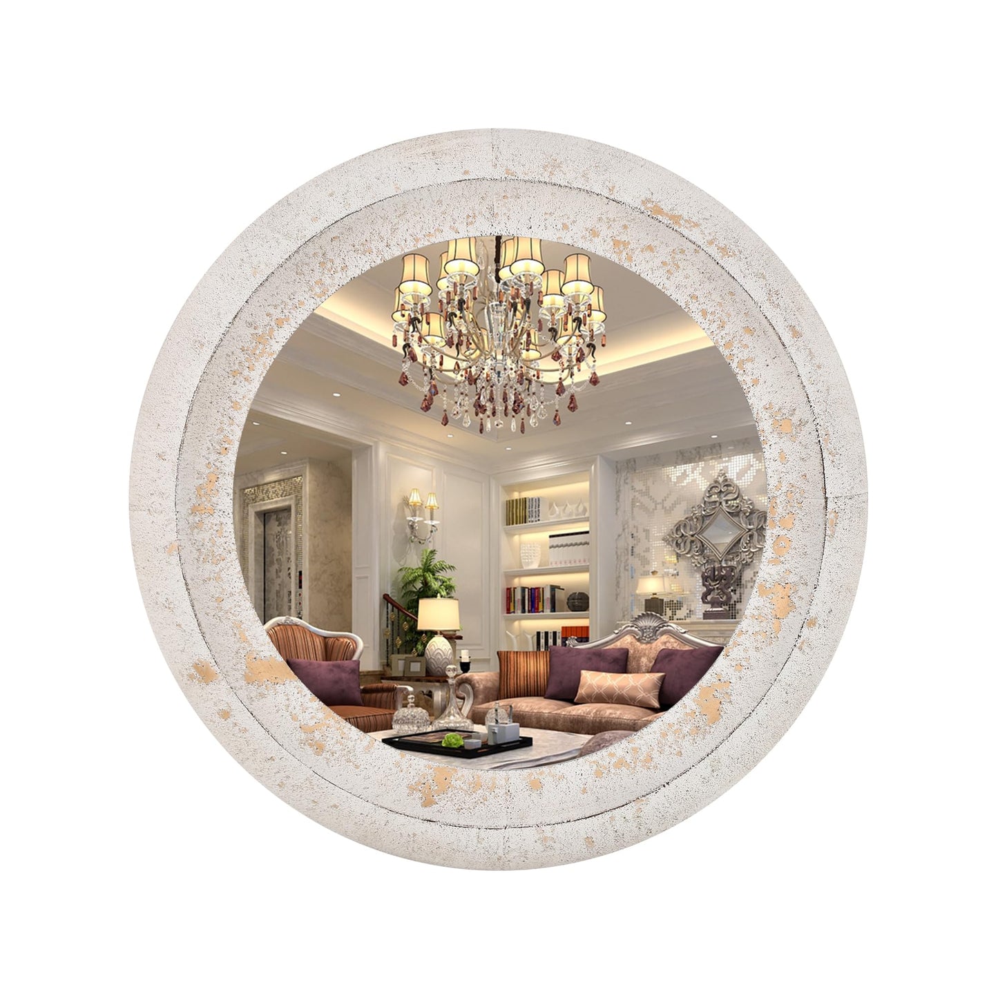 Round Substantial Beveled Hand Hammered Metal Frame In Rustic White, Modern And Traditional, Farmhouse, Cottage, for Bathroom Bedroom Living Room Home Office Entryway (Rustic White, 24"x24"")"