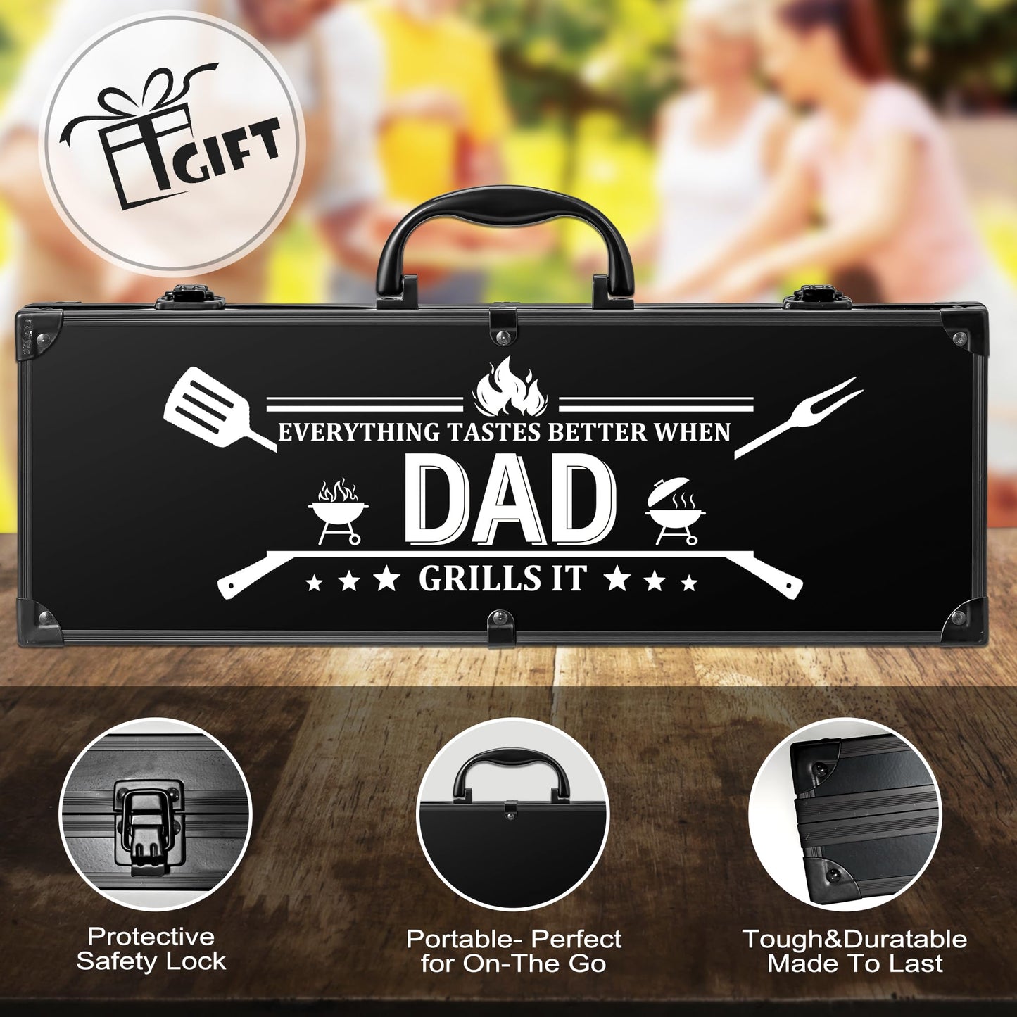 Dad Birthday Gifts, Grilling Accessories, Heavy Duty Stainless Steel Grill Set BBQ Grill Tools for Outdoor Grill with Aluminum Case, Dad Grill Utensils Ideal Christmas Grilling Gift for Men(Black)