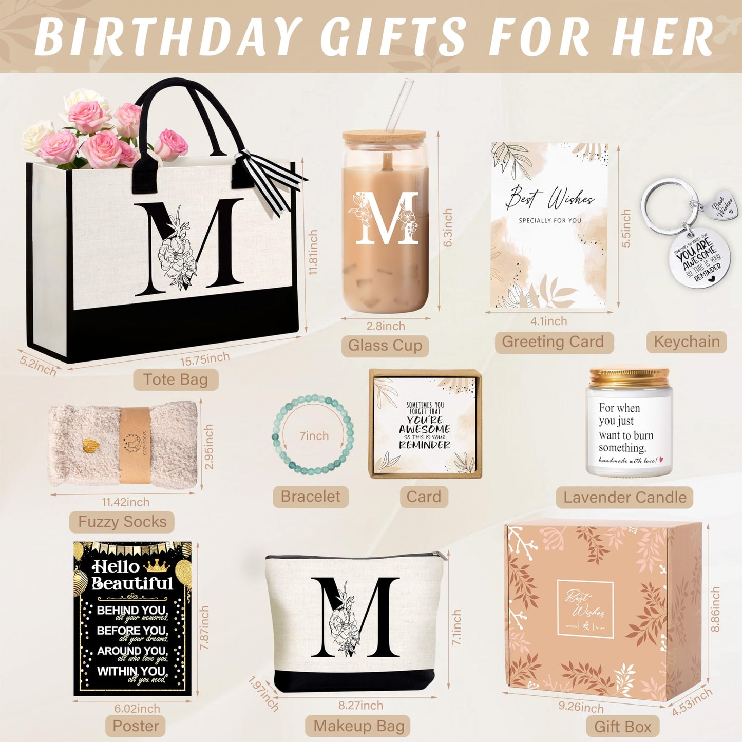 Lepiche Birthday Gifts for Women, Monogrammed Initial Gift for Teacher Wife Mom, Tote Bag,Glass Cup Gift Basket Personalized Christmas Mother's Teacher Appreciation Day,M