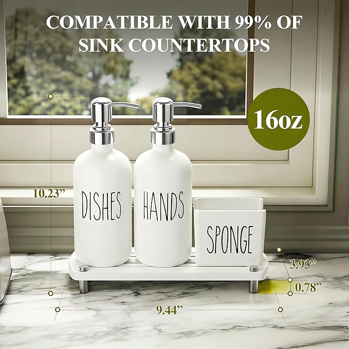Cisily Kitchen Soap Dispenser Set Comes with Ceramics Sponge Holder, Silver Pumps, and Instant Dry Tray, Hand and Dish Soap Dispenser Set Suitable for Black and Silver Kitchen Decor and Accessories