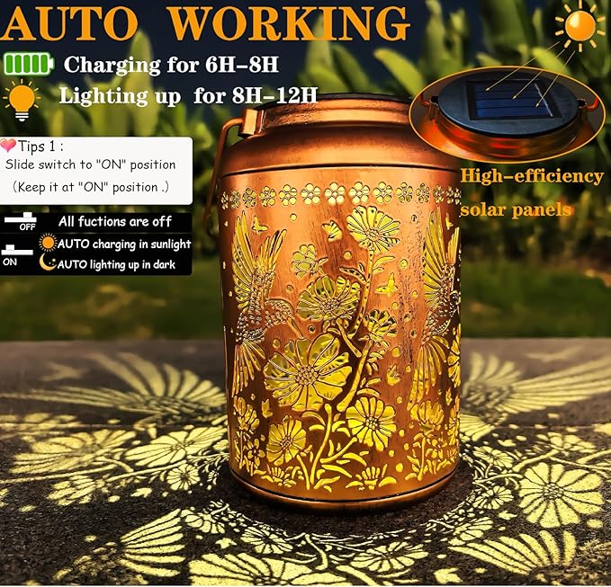 Solar Lanterns Outdoor Waterproof,Hummingbird & Gesang Flower Lights,Metal Hanging Garden Decor Outside,Yard Art Decorations for Patio,Pathway,Gardening Birthday Gifts for Mom,Women,Grandma