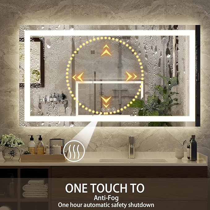 36"x 48"LED Bathroom Mirror, Backlit + Front Lit, LED Bathroom Mirror with Lights for Wall, 3 Colors, Anti-Fog, Dimmable Brightness, Tempered Glass