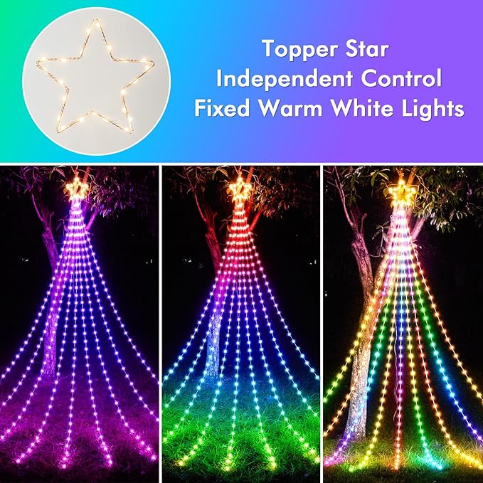 12FT Outdoor Christmas Decorations, Smart RGB Color Changing Christmas Hanging Waterfall String Lights, APP Remote Control, DIY Multi-Color Lightshow, Music Sync, Outside Xmas Lights Decor