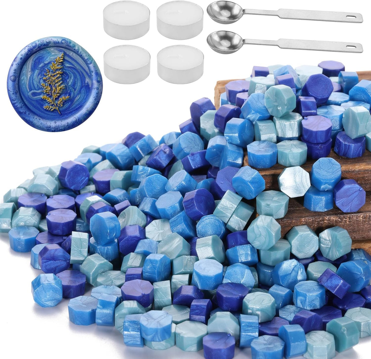 Yoption 300 Pieces Blue Mix Sealing Wax Beads, Vintage Octagon Beads With 4 Candles and 2 Melting Spoons for Seal Stamp (Blue Mix)