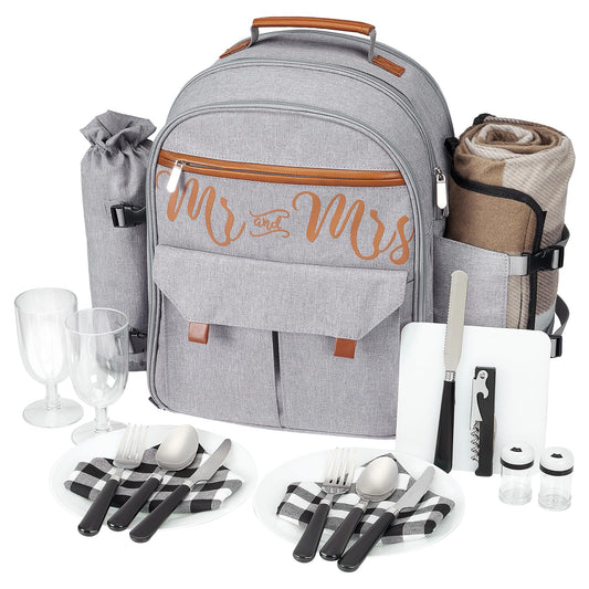 Couple Gifts 22L Picnic Basket Set, Grey Insulated Picnic Backpack for 2, Leak Proof Cooler Camping Gifts, Cool Bridal Shower Gifts Anniversary Engagement Wedding Gifts for Couples, Mr and Mrs Gifts