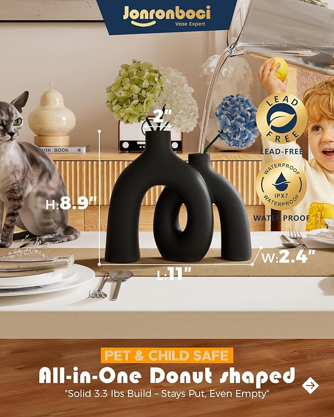 Matte Black Vase Set - Hug Hollow Donut Aesthetic Ceramic Vases Home Decor, Modern Nordic Minimalist Decorative Vase for Table Centerpiece Bookshelf Office Entryway Console Fireplace (Black)