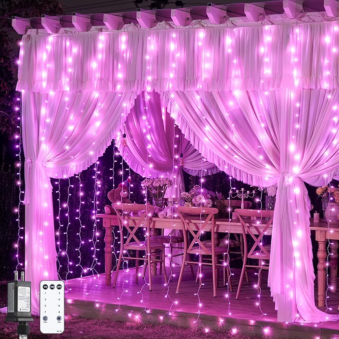 JMEXSUSS 300 LED Curtain Lights Plug in with Remote, Pink String Lights for Bedroom, Christmas, Window, Wall, Party, Teen, Girls' Room, Dorm, Valentine's Day Indoor Outdoor Decor, 9.8X9.8ft