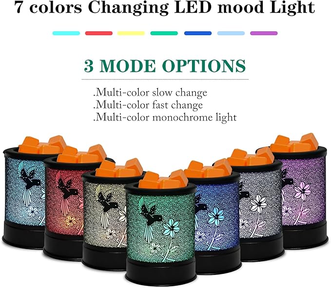 ASAWASA Metal Wax Warmer Electric,Wax Melt Warmer Candle Burner and Wax Melter with 7 Colorful Changing Lights & 1 Silicone Dishes for Office Home Decor(Colorful Hummingbird)