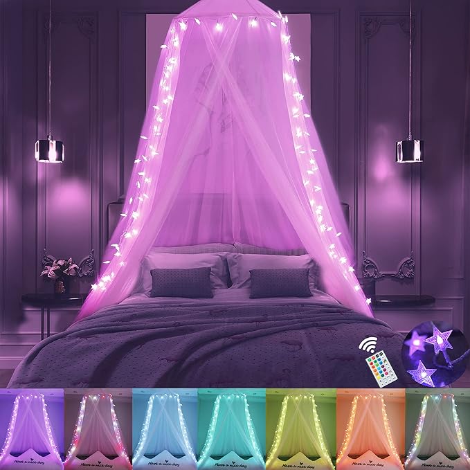 Obrecis Pink Bed Canopy for Girls, Bedroom Decor Princess Canopy Bed Curtain with Lights, 100 LED Star Fairy String Lights Hanging Dome Bed Tent with Remote for Twin to King Size Bed