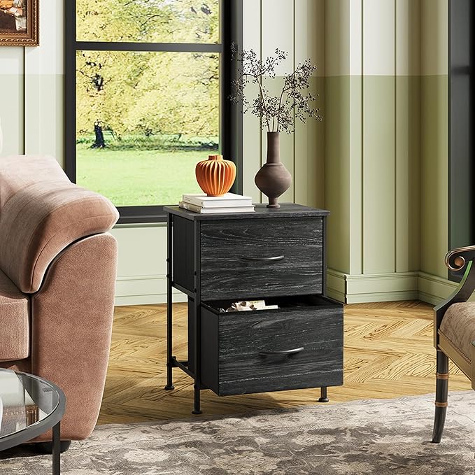 WLIVE Night Stand, Small Dresser with Drawers, Dresser for Bedroom with 2 Fabric Drawer, Black Bedside Table End Table, Dorm Nightstand, Closet Organizer, Charcoal Black Wood Grain Print