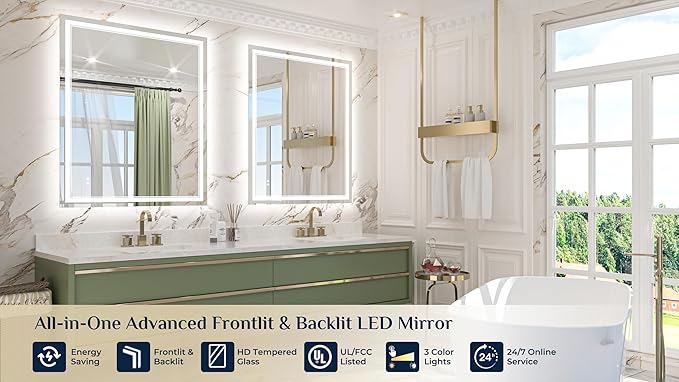 Keonjinn 44" x 36" Bathroom Mirror with Lights, Frontlit & Backlit LED Bathroom Mirror, Safe Tempered Glass, Anti-Fog, 3000K/4500K/6500K, Dimmable, UL-Listed, Frameless LED Wall Mirror