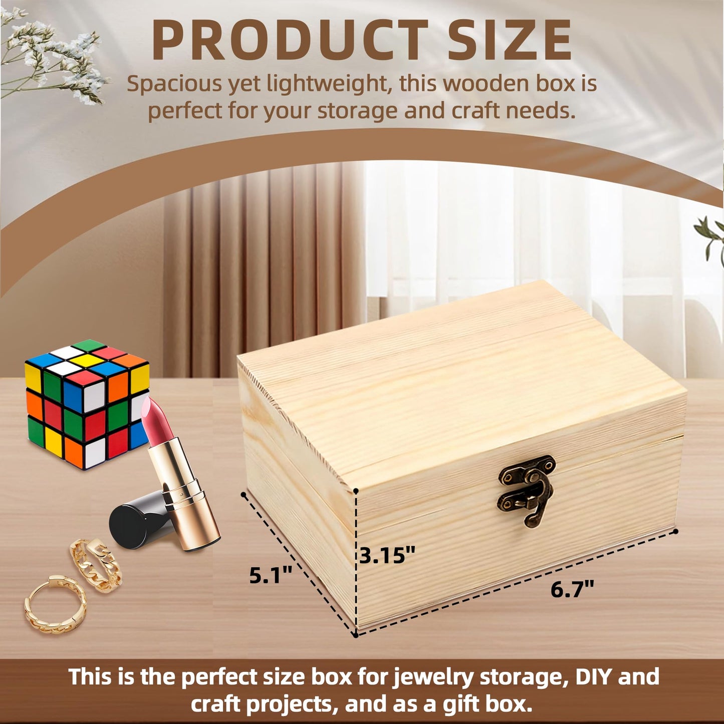 VIKOS Products Unfinished Unpainted Wooden Box with Hinged Lid for Crafts DIY Storage Jewelry Plain Pine Box - Small 6.7"x5.1""x3.1"" - 2-Pack"