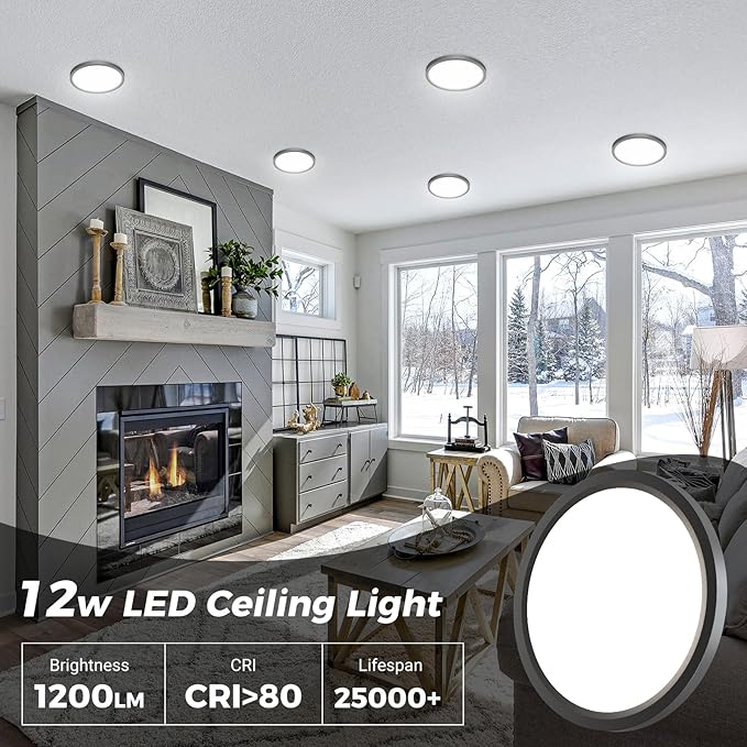 zemty 6Pack LED Ceiling Light Fixture 6.5 Inch, 12W 1200lm Ceiling Mount Light Fixtures, Adjustable 3000K 4000K 6500K, Round Flat Ceiling Lamp for Bathroom Closet Hallway Laundry (Black)