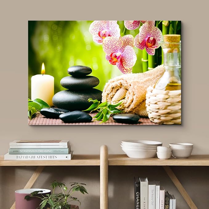 wall26 Canvas Print Wall Art Massage Stones Zen Pink Orchid Flower Plants Candles Nature Wilderness Photography Realism Rustic Landscape Colorful for Living Room, Bedroom, Bathroom, Office - 24"x36"