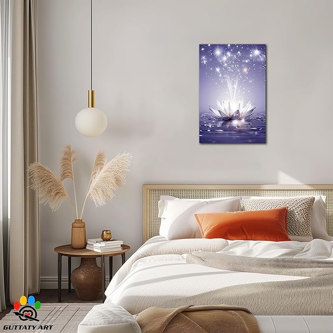 Zen Canvas Wall Art, White Lotus Flower Bloom in Water Picture, Zen Blue Flower Painting, Modern Framed Spiritual Home Artwork for Yoga Spa Meditation Spiritual Room Living Room Office 24x36 inch