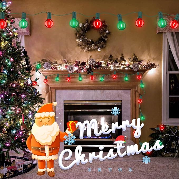 Abeja 50FT Multicolor Christma Lights Outdoor, Red/Green Christmas Lights with 25 LED Colorful Bulbs(2 Spare), Outside Christmas Hanging Light for Tree Roofline Holiday Party