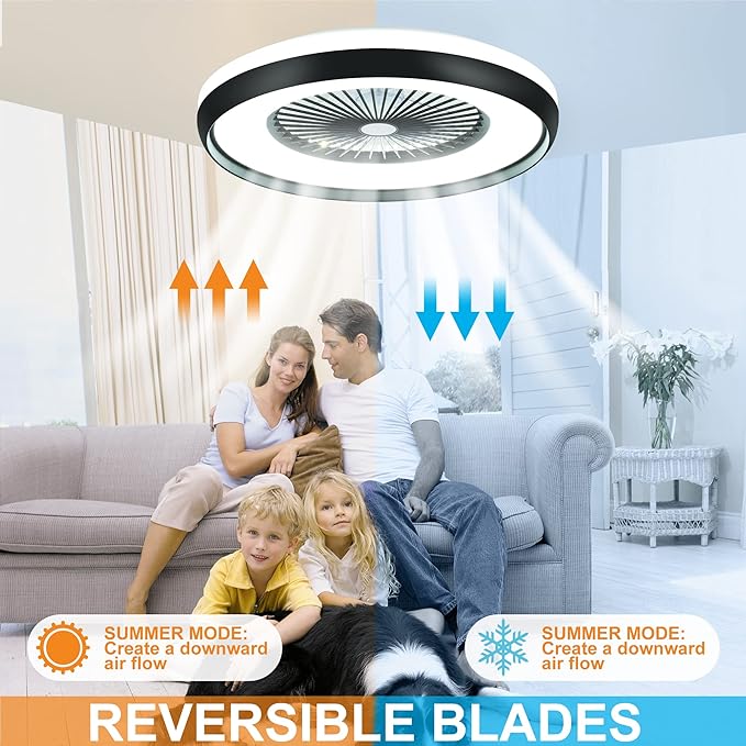 24" Bladeless Ceiling Fan with Light Remote, Smart LED Ceiling Fans with App Control, Modern Low Profile Dimmable Light Ceiling Fan for Bedroom Living Room Black