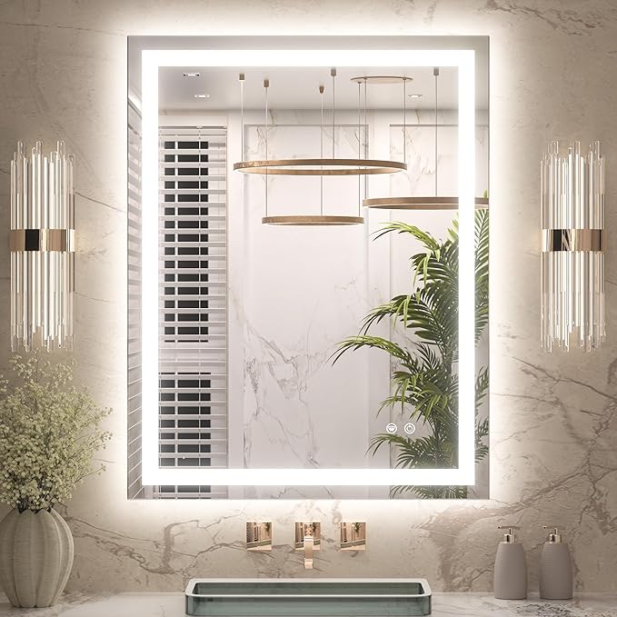 Keonjinn LED Bathroom Mirror 28 x 36 Inch, Frontlit & Backlit Vanity Mirror with 3 Color Lights, Lighted Mirror for Bathroom Wall with Anti-Fog, HD Tempered Glass, UL-Listed LED Driver, CRI90+