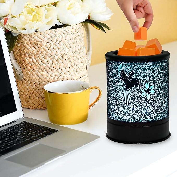 ASAWASA Metal Wax Warmer Electric,Wax Melt Warmer Candle Burner and Wax Melter with 7 Colorful Changing Lights & 1 Silicone Dishes for Office Home Decor(Colorful Hummingbird)