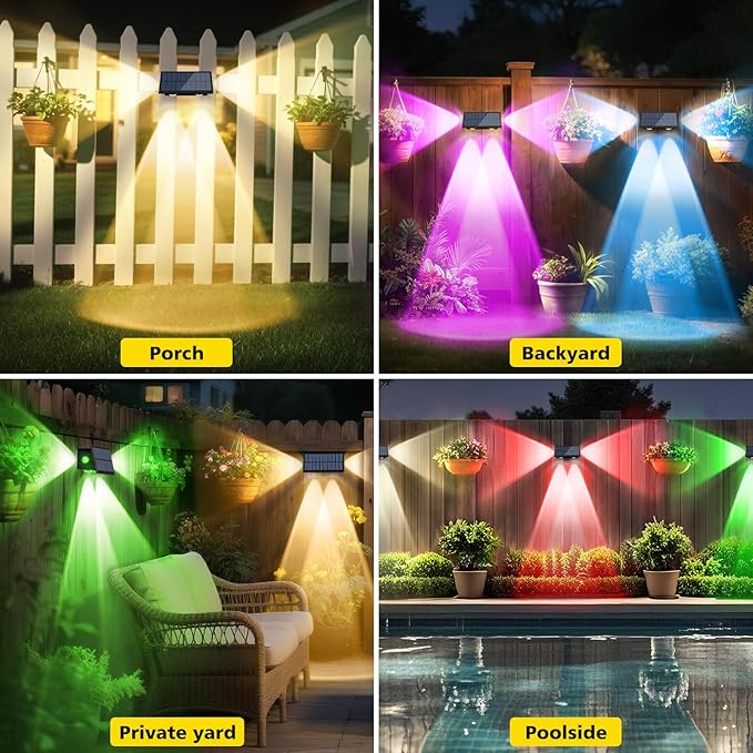 T-SUN Solar Fence Lights Outdoor, 4 Pack Waterproof Fence Lights Solar Powered 8 Mode RGB & Warm White＆Color Changing Dusk to Dawn Wall Lights for Yard Patio Step Deck Railing Pool