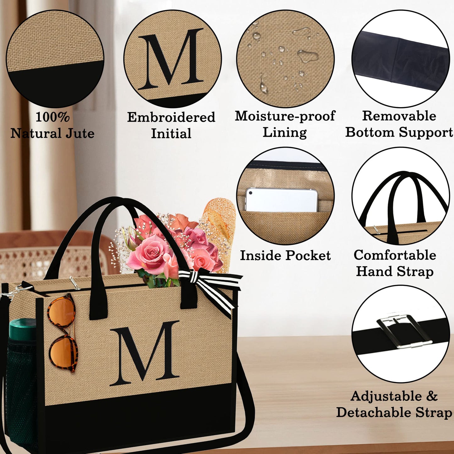 YOOLIFE Mom Birthday Gifts for Women, Personalized Best Friend Birthday Gift for Her Wife Sister Teacher Mom Gift, Personalized Initial Beach Bag, Gifts for Female - Initial J Tote Bag for Women