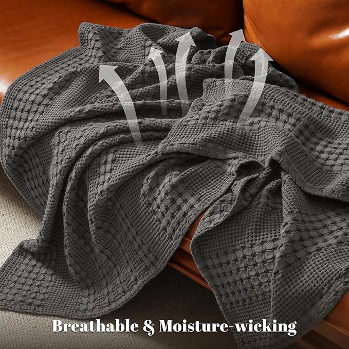 PHF 100% Cotton Waffle Weave Blanket Twin Size for Bed, Soft Lightweight & Breathable, All-Season Comfort, Luxury Aesthetic Woven Bedding for Home Decor, 66"x90", Charcoal Grey