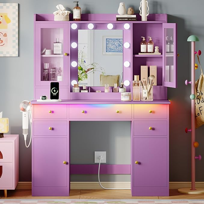 Makeup Vanity Desk with Mirror and Lights, Purple Vanity Table Set with Storage Drawers, Charging Station & Cabinets, Large Dressing Table with RGB Ambient Light for Women Girls Bedroom Bathroom