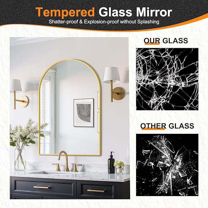 Delma Arched Bathroom Mirror, 26"x38" Wall Mounted Vanity Mirror for Bedroom, Living Room and Entryway, Gold