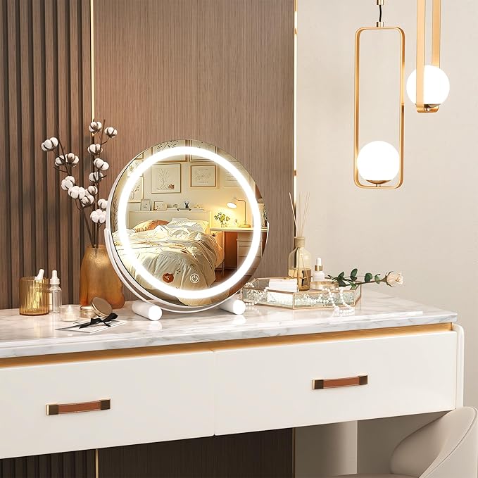 Hasipu Vanity Mirror with Lights, 11" x 11" LED Makeup Mirror with Small 10X Magnifying Mirror, Lighted Makeup Mirror with Lights, Smart Touch Control 3 Colors Dimmable Mirror White
