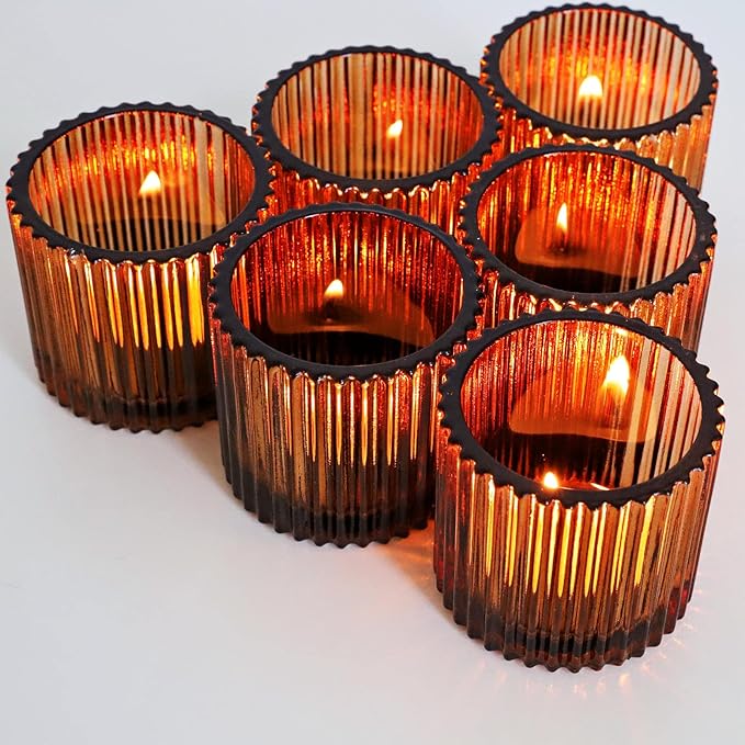 VOHO Votive Candle Holders for Wedding Candles, Amber Glass Candle Holder Set of 6, Tealight Candle Holder Bulk for Wedding Decor, Table Centerpiece, Birthday Party