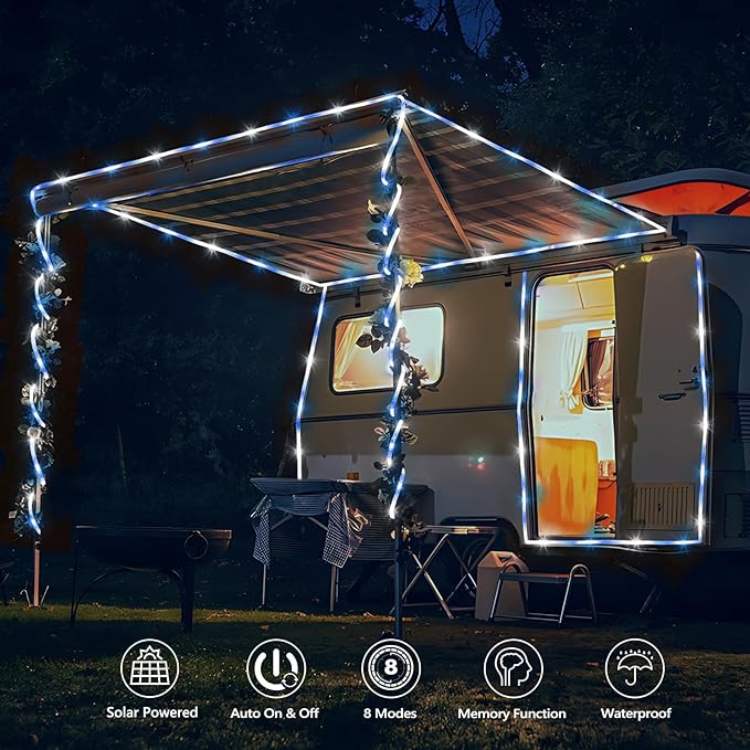 Solar Rope Lights, 2 Packs Total 132ft 400LED Solar String Lights, 8 Modes Waterproof Solar Powered Outdoor Light, Flexible Clear Tube Light for Garden Yard Patio Deck Porch Tree Xmas Decor-White&Blue