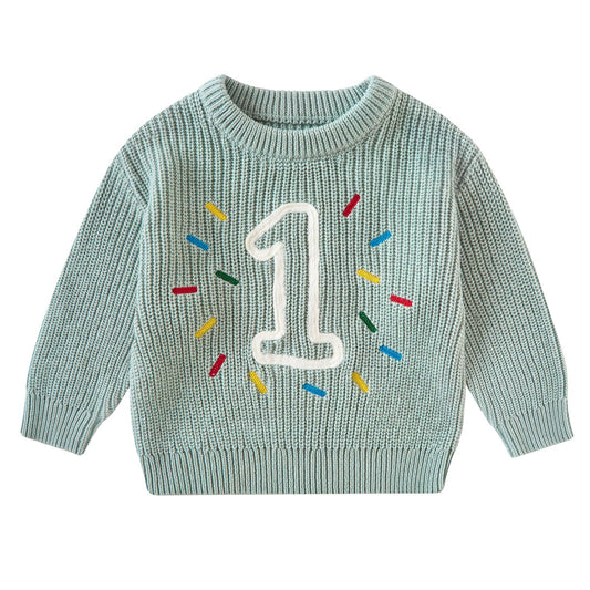 Kids4ever Toddler 1st Year Birthday Gift for 12M Girl Long Sleeve Cute Letter Embroidery Sweater for Baby Boy Winter Green Pullover Clothes for Infant Family Party