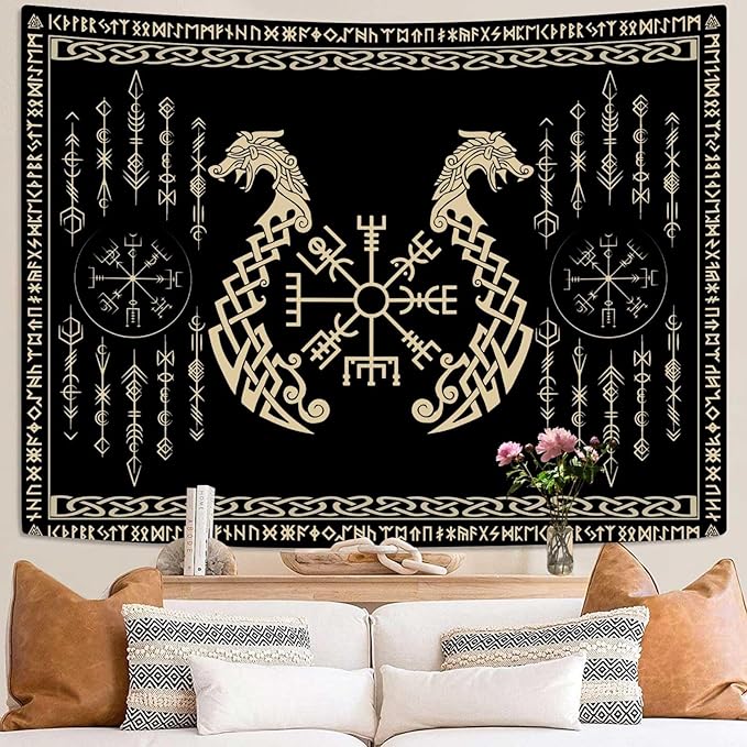 OSUNBD Nordic Vikings Tapestry, Small 6051 inches Soft Flannel, Vegvsir Symbol Twins Dragons Celtic Rune Scandinavian Aesthetic Mythology Tapestry Wall Hanging for Bedroom Living Room Decor