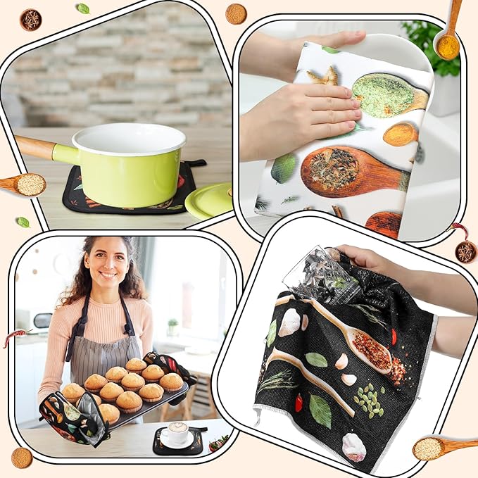 Fourluoo 10 Pcs Farmhouse Kitchen Decor and Accessories Set 4 Kitchen Towels 2 Pot Holders 2 Oven Mitts 2 Rugs for Cooking Baking Mom Housewarming Gifts(Vivid Color,Colorful Spices)