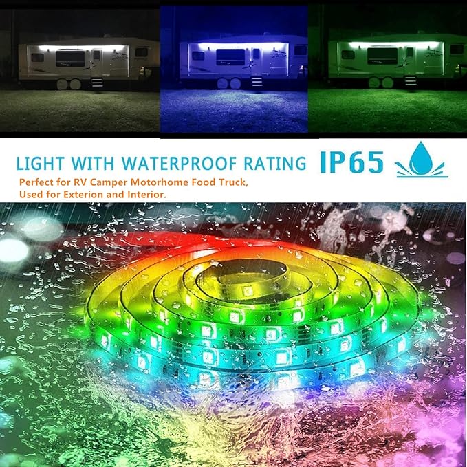 RV Awning Lights Kit, 20FT RGB Dimmable Waterproof 12V Camper Awning Strip Lights with APP/Remote Control, Sound Music Sync, RV Exterior Lighting for Party Motorhome Travel Trailer
