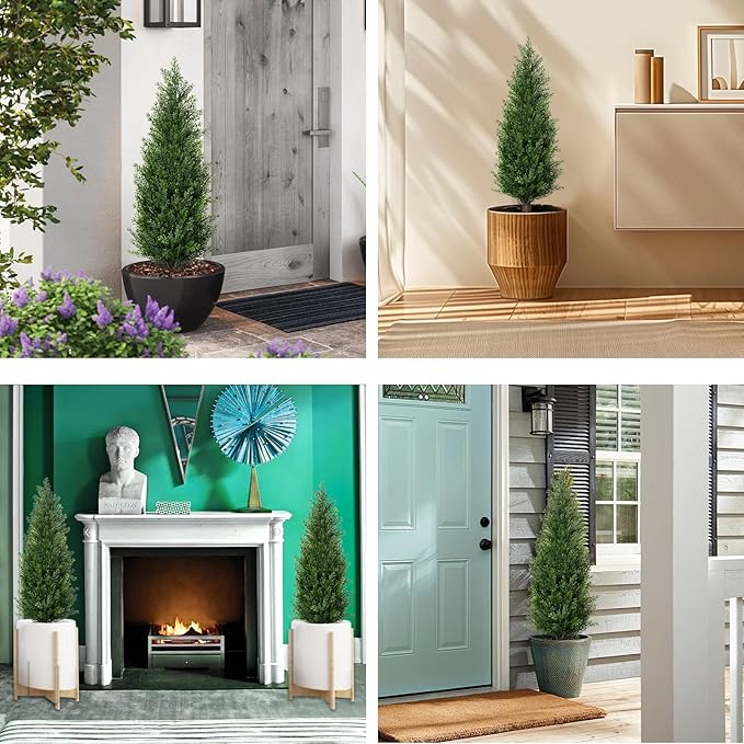 3FT Artificial Cedar Topiary Trees with Ground Spike, Set of 2 UV Resistant Fake Evergreen Bushes Shrubs Trees Artificial Plants Realistic Faux Cypress Plants for Indoor Outdoor Front Porch Garden