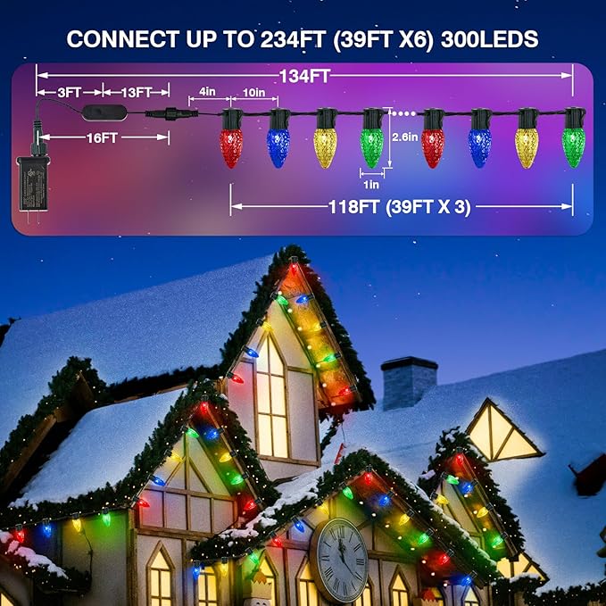 Smart C9 Christmas Lights Outdoor, 118FT 150LED RGB Color Changing String Lights, App&Remote Control, Music Sync, Connectable LED Christmas Tree Lights for Outdoor House Holiday Decoration